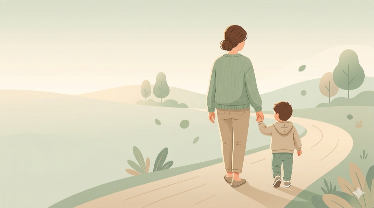 엄마와 아이가 함께 길을 걸어가는 일러스트